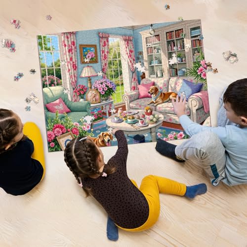 Living Room Puzzle 1000 Pieces for Adults, Flower Dog Jigsaw Puzzle, Challenging Floral Room Puzzle as Wall Decor