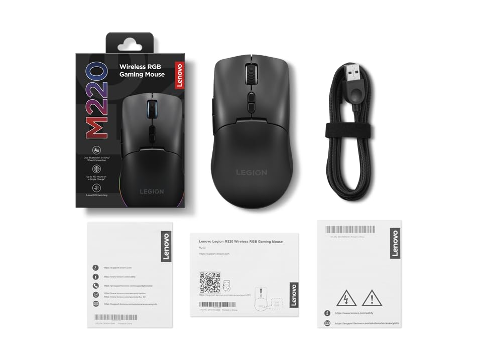 Lenovo Legion M220 Wireless RGB Gaming Mouse, Dual Channel Bluetooth, 2.4Ghz Wireless, USB-C Charging, 5-Level DPI Switch, Symmetrical Medium-Large Size, Black - color: Black, size: Large | Ambidextrous, style: M220