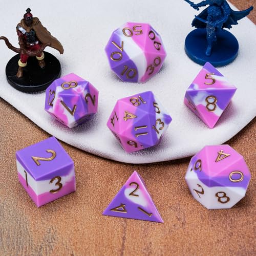 D&D Sharp Edges Dice, DND Silicone Rubber Polyhedral Dice Set 7pcs (D4, D6, D8, D10, D12, D20, D%) for Dungeons and Dragons, RPG, MTG (White Pink Purple) - color: White Pink Purple