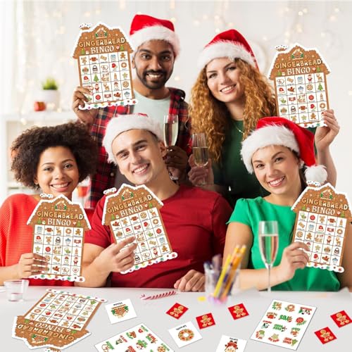 39Pcs Christmas Gingerbread Themed Bingo Game for Kids Adults 24 Players Christmas Baking Game Cards with Reward Stickers for Family Friends Students Large Group Activities Winter Holiday Party Favors - style: Christmas Gingerbread