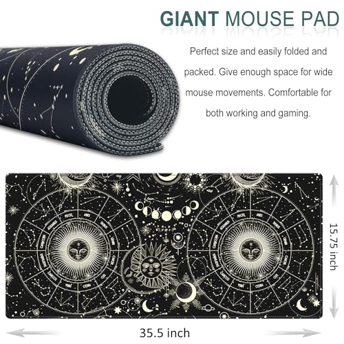 XXL Large Gaming Mouse Pad & Desk Protector (35.5"x15.75") with Non-Slip Base, Waterproof Surface | XXL Mouse Pad with Stitched Edges for Office Work, Gaming, Home Desk - Black Moon Sun - color: Black