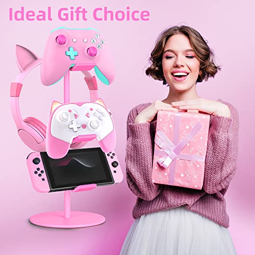 Controller Holder Pink,Headphone Stand,3 Tier Multi Adjustable Game Controller Headset Hanger for All Universal Gaming PC Accessories, Xbox PS4 PS5 Nintendo Switch(Cute Pink) - color: Cute Pink