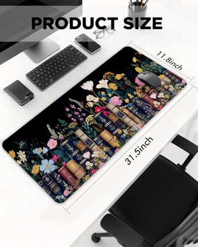 Mouse Pad, Desk Mat, 31.5x11.8in Large Mousepad, Books & Flowers | Desk Pad with Stitched Edge & Rubber Non-Slip Bottom, Gaming Mouse Pad, Extended Mousepad for Home, Office - color: Books & Flowers