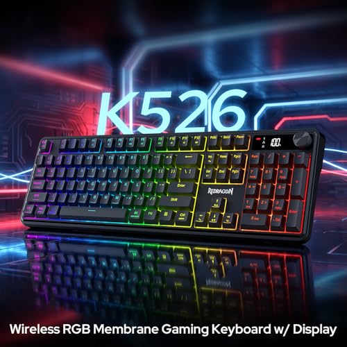 Redragon K526 PRO RGB Wireless Membrane Gaming Keyboard, 104 Keys Mechanical-Feel Keyboard w/LED Info Display, Media/Backlit Knob Control, Smooth Linear Switch & Software Supported - color: Black