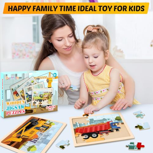 Wooden Puzzles for Kids Ages 4-6, 4 Packs 24 PCS Construction Vehicle Jigsaw Puzzles for Kids Ages 3-5, Preschool Educational Puzzles Boards Toys Gifts for Boys Girls - style: Vehicle