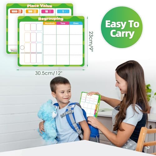 12 PCS Place Value Chart Dry Erase Flash Cards, Addition and Subtraction Learning Math Games for Kids, Base Ten Board Math Manipulatives 1st 2nd 3rd Grade Teacher Classroom Must Haves