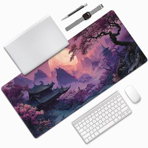 Large Gaming Desk Mat, Fantasy Japanese Temple Design, Purple, 35.4" x 15.7", Non-Slip Rubber Base, Stitched Edges - color: Modern starry sky pattern print