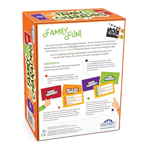 Outset Media Family Charades Game; 4 Games in 1 Box. Includes Movie, 80's 90's, Kids, Family Trivia for 2 or More Players, Ages 7 and up.