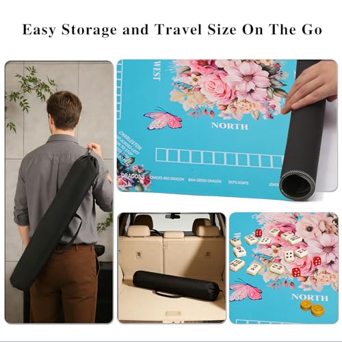 Mahjong Mat for Table with Rose Floral Design | with Storage Bag 31.5x31.5 inch Anti-Slip Mah Jong Mat Quieter Mahjong Table Mat with Charleston Rules - color: Sky Blue