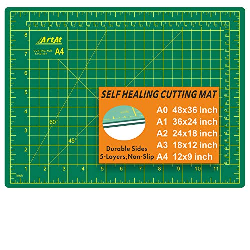 ArtAt Self Healing Cutting Mat: 9"x12" Non-Slip PVC Double Sided 5-Ply A4 Art Craft Rotating Mat, Rotary Cutting Mat for Quilting, Sewing Crafts Hobby Fabric Precision Scrapbooking Project Green - color: Green, size: 12"L x 9"W