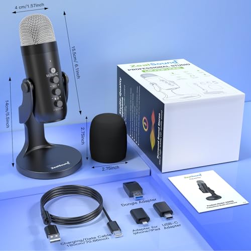 ZealSound Wireless Microphone,USB Mic for iPhone PC iPad Android Phone-Cordless Condenser Desktop Microphones with Mute Echo Monitor Volume Gain 2.4GHz for Podcast,ASMR,Gaming,YouTube Video/K66 Black