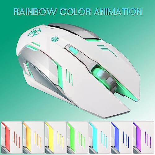 VEGCOO White Wireless Gaming Mouse, Silent Click Wireless Mouse with 3 Level DPI, Rechargeable Computer Mice with Colorful RGB LED Lights and Side Buttons for Laptop and Desktop - color: White