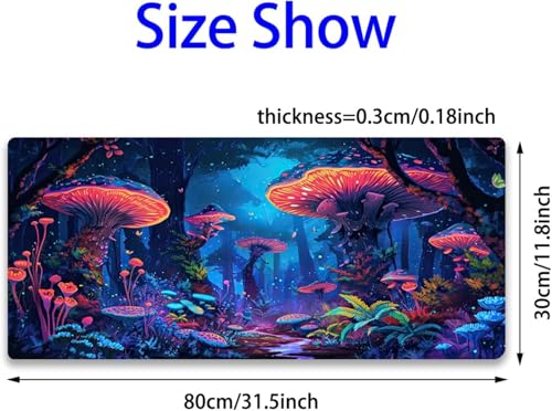 Simpkeely Fantasy Mushroom Mouse Pad, Blacklight Gaming Forest Waterproof Extended Large Desk Pad UV Long Computer Keyboard Big Mouse Mat with 3mm Non-Slip Rubber Base for Office Home - 31.5" x 11.8" - color: Mushroom Forest