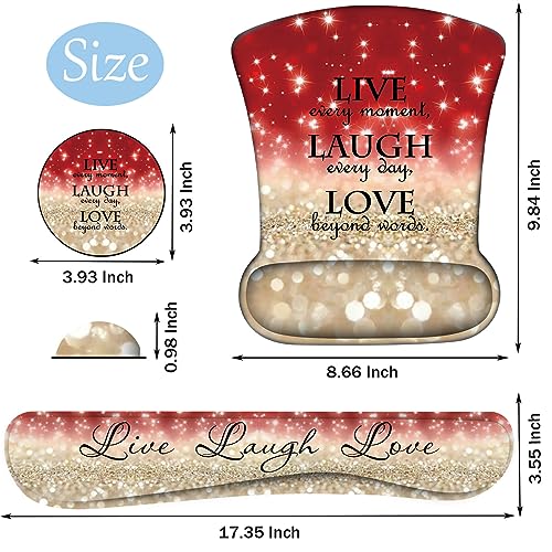 Keyboard Wrist Support + Wrist Mousepad + Coaster Combination, Non-Slip PU Base, with Gel Memory Mousepad, Suitable for Gaming, Office Pain Relief Mousepad Set - Red Glitter Quote ?Live Laugh Love - color: Red Glitter Quote ?Live Laugh Love