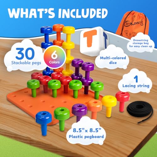 Peg Board Set, Montessori, 33 Pc Plastic, Pegs, Dice, Lacing | Occupational Therapy Toys with Pegs, Dice, Lacing String & Storage Bag, Educational, Sensory - style: Peg Set with Plastic Board (33 pc)