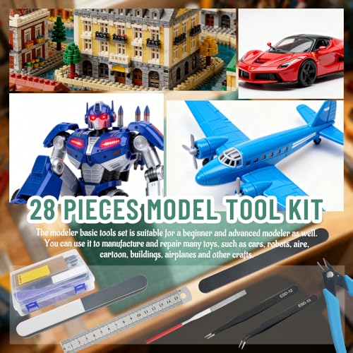 Bigstone 28 PCS Model Tools Kit Hobby Building Tools Craft Set Modeler Basic DIY Tools for Cars, Airplanes, Buildings, Robots Gundam Plastic Models Building Repairing and Fixing