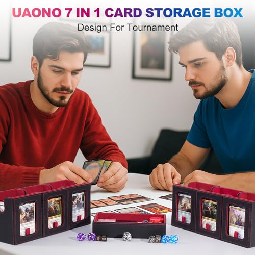 UAONO MTG Commander Deck Box, 6-Deck Modular TCG Deck Case with Dice Tray | Hold 600+ Double-sleeved Cards, Modular Card Deck Box with 35PT Magnetic Card Holder for Magic the Gathering Black Red - color: Black Red