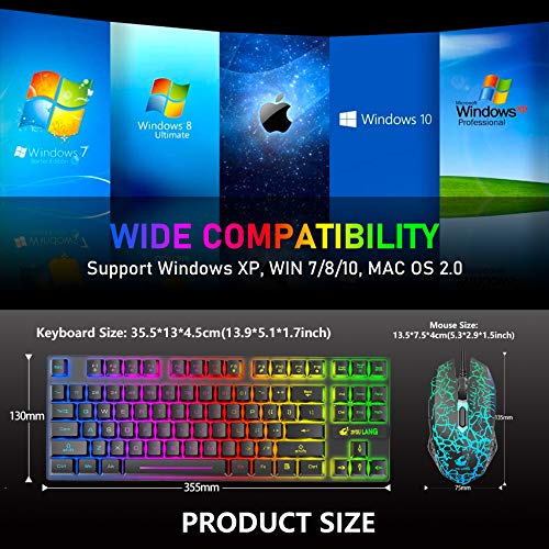Wireless Membrane Gaming Keyboard and Mouse Set with 87Key Tenkeyless-Black | Rainbow LED Backlight,Rechargeable 3800mAh Battery,Anti-ghosting,Ergonomic,Waterproof,RGB Mute Mice for Computer PC Mac Gamer - color: Black