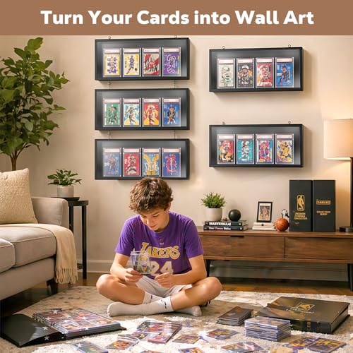 MoKo Card Display Case, 3-Pack Wall Mount for 12 Graded Cards | Clear acrylic and pine trading card display case with side access; use each case alone or combine as a graded card display - color: Black