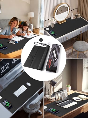 TopMade Mouse Pad with 15W Wireless Charging, XXL Large Leather Desk Mat, Waterproof Gaming Mousepad Home Office Desk Pad Protector, Black (Includes 20W PD Power Adapter & 6.56ft Woven Cable) - color: Black With Adapter
