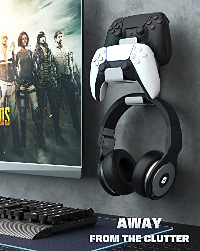 MoKo Dual Controller & Headphone Wall Mount Holder, for PS5 Xbox Switch | 2-in-1 holds two controllers and one headset. Wall mount saves desk space. Fits Xbox, PS4, PS5, Switch and PC. - color: Silver