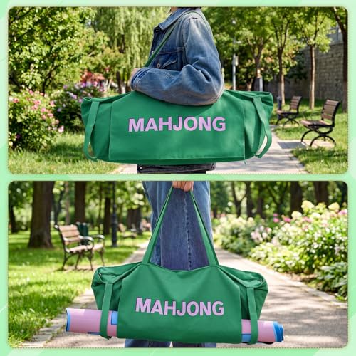 Abbylike 28x9 Inches Mahjong Bag for Rolled Mat Tiles Racks Pushers Accessories Empty Mahjong Tote Bag with Zipper Closure Outer Pockets Lining Large Capacity(Green,Canvas) - color: Green