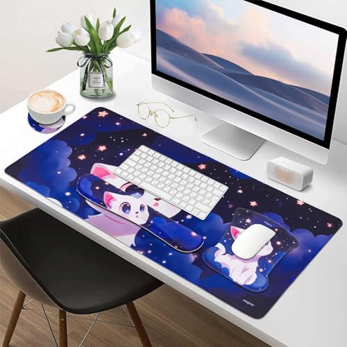 MEGREZ 4-in-1 Mouse Pad with Wrist Rest Ergonomic Memory Foam Desk Mat Set | ergonomic, anti-slip base, 4pcs set, desk pad, mouse wrist rest, keyboard rest, coaster, ideal for office & gaming - color: Blue Purple