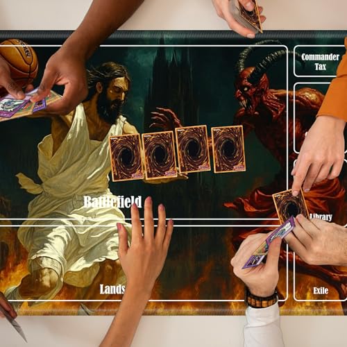 MTG Playmat with Zones, TCG Card Game Play Mat with Stitched Edges, Non-Slip Rubber Base Gaming Desk Mat, Smooth Surface 24 x 14 Inch, Jesus Play Basketball with The Devil - color: Jesus Play Basketball With the Devil, size: Zone 1