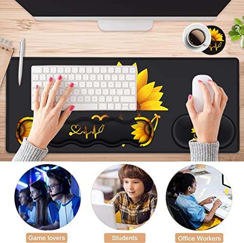 Ergonomic Mouse Pad Set, Desk Mat(31.5×11.8 in) + Keyboard Wrist Rest Support + Mouse Wrist Rest + Coasters for Office,Home,Computer,Laptop -Sunflower Nurse Pattern Black Gaming Large Mousepads - color: JV-mouse pad-8-10
