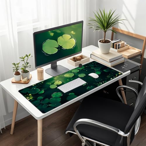 Baziabbo Green Desk Mat,XXL Extended Big Mouse Pad,Gaming Mousepad with Stitched Edge,Non-Slip Rubber Base Keyboard Desk Pad for Home Office Study Game - color: Pond Lotus Leaf