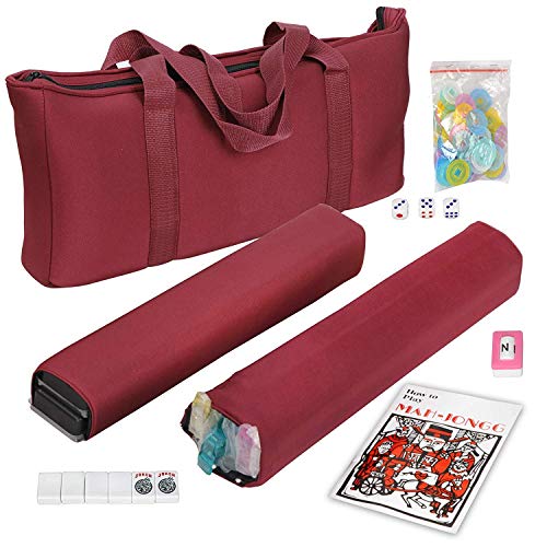 American Mahjong Set - Red Burgundy Soft Bag - 166 White Engraved Tiles, 4 All-in-One Rack/Pushers Western Mah Jongg Game Set