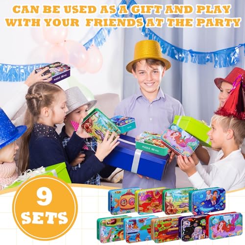 Libima 9 Boxes Party Favors Jigsaw Puzzles in a Metal Box for Birthday Favors Supplies Wooden Puzzle Gifts, 9 Styles, 60 Pieces Each(Lovely Style) - style: Lovely Style