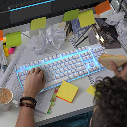 Merdia 104 Keys Full Size Mechanical PC Gaming Keyboard | Brown Switch Hot Swappable White Mechanical Wired Computer Keyboards | Ice Blue LED Backlit 104 Keys US Layout Light Up Wired Gaming Keyboard - color: Brown Switch White