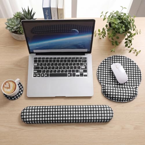 Tellegloww Wrist Rest Support for Mouse Pad&Keyboard Set, Black and White Gingham Checkered Circle Curved Ergonomic Mousepad&Coaster Non-Slip Base for Office Home Laptop Desktop Computer Keyboard - color: Black and White