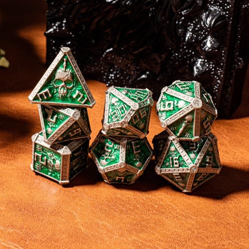 DND Metal Dice Set with Gift Box for D&D/MTG RPG Board Games(Green-Ranger) | Gothic Skull Theme, Skeletal Numerals, Runes Engraved on Edges, Nice Tactile Feel, Metallic Texture & Weight, Well-Balanced - color: Skull-green