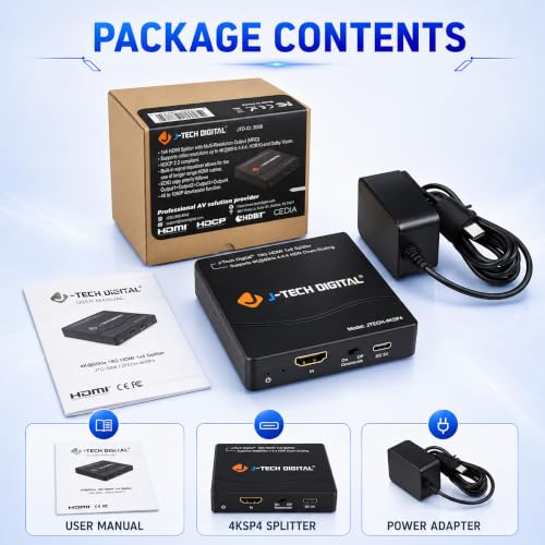 J-Tech Digital HDMI Splitter 4K 60Hz 1X4 Multi-Resolution Output (MRO) HDMI 2.0 Splitter Supports downscale HDR HDR10 / Dolby Vision 4K@60Hz 4:4:4 HDCP2.3 2.2 (JTECH-4KSP4)