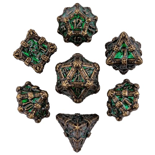 Metal Skull Dice Set with Skull Bag,7PCS Polyhedral Metal Dice Set for DND Role Playing Games(Bronze Green) - color: Skull Bronze Green