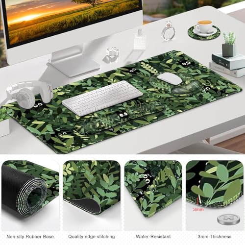 Large Desk Mat, Cute Anime Cats Gaming Mouse Pad, Desk Pad Protector, XXL Mousepad + Keyboard Wrist Rest+Mouse Wrist Rest+Coaster Set with Ergonomic Desk Pad for Home Office PC Computer, Green Leaves - color: Cute Anime Cats