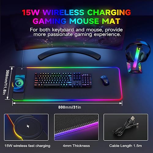 Charging RGB Gaming Mouse Pad - Wireless 15W Mousepad LED Extra Large Mouse Mat 80 * 30cm, 10 Light Modes Gaming Room Accessories, Computer Keyboard Mat Fast Charging Desk Mat for Gaming, Black - size: Large