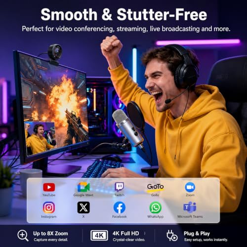 4K Webcam for PC Computer PDAF Autofocus with Built-in Microphone Windows | 1080P@60fps, Privacy Cover, Dual Noise Cancel Mics, 8X Digital Zoom, 78° FOV, Compatible Zoom Teams Twitch Google Meet