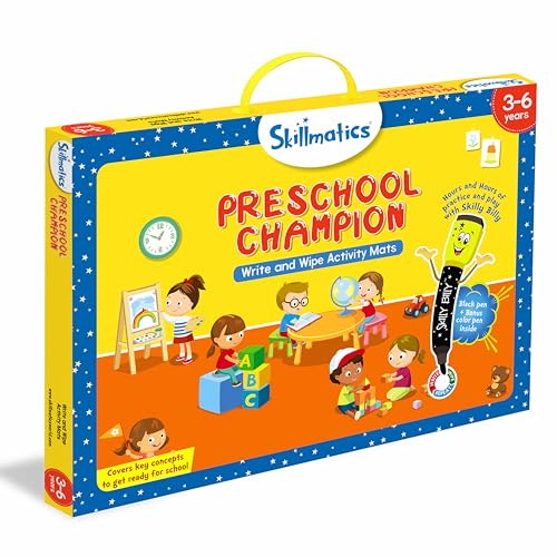 Skillmatics Educational Game : Preschool Champion | Reusable Activity Mats with 2 Dry Erase Markers | Gifts & Preschool Learning for Ages 3-6 | Write and Wipe Boards with 2 Dry Erase Markers, Learning & Travel Toy, Screen-Free, Gift for Kids Ages 3, 4, 5,
