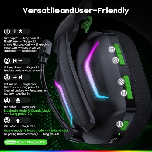 WESEARY Wireless Gaming Headsets for PC, PS5, PS4, Switch, Mac, 2.4GHz Wireless Gaming Headphone with ENC Noise Canceling Microphone, Bluetooth 5.4, Cool Lighting, 50H Battery, 50mm Drivers | 2.4GHz Wireless Gaming Headphone with ENC Noise Canceling Micro