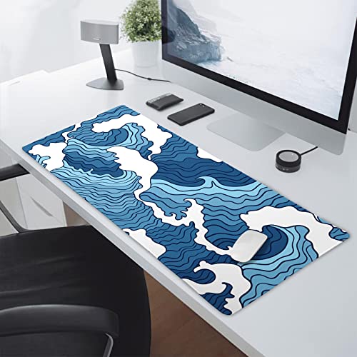 Japanese Blue and White Wave Gaming Mouse Pad XXL Anime Sea Texture Extended Large Desk Mat Big Mousepad Non-Slip Rubber Base Stitched Edge Long Mousepad for Desktop PC Computer Gamer, 35.4 x 15.7 in - color: Blue Wave, size: 15.7" x 35.4"