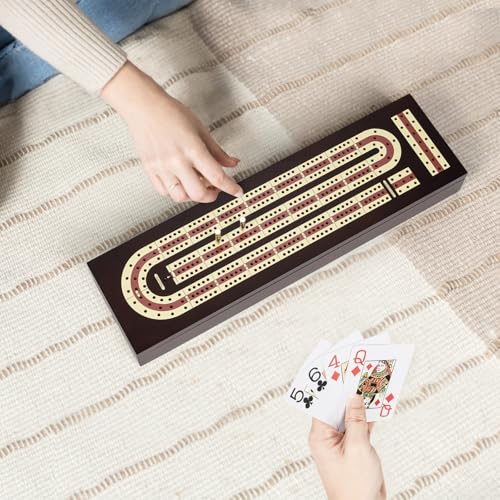 ESENHARBER Cribbage Board Game Set, Premium Wooden Board with Magnetic Lock and Metal Pegs, 2 Playing Cards, and Large Storage - Travel-Friendly Continuous 3 Track Board - style: Classic
