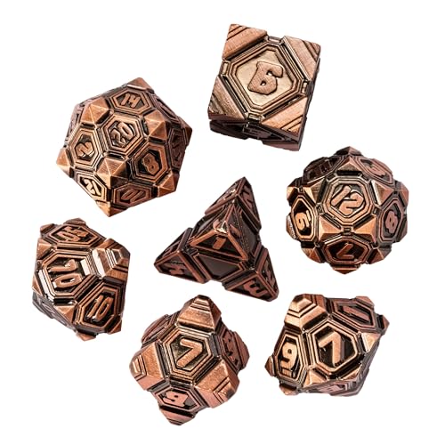 Metal UFO Dice Set, 7 Die Metal Polyhedral Dice Set for DND Dungeons and Dragons Role Playing Games,with Skull Bag.(Ancient Red Copper) - color: Ancient Red Copper