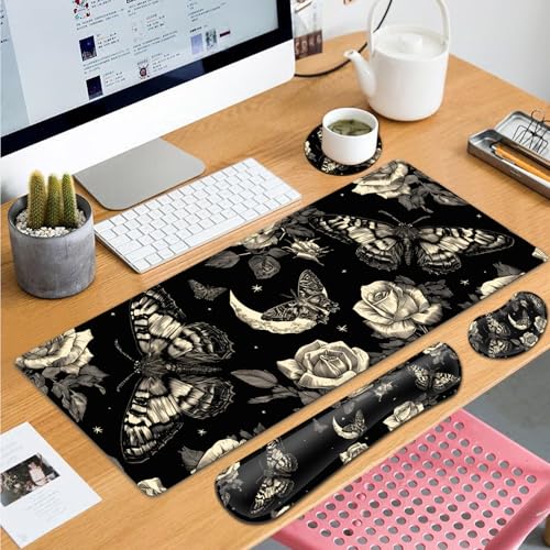 Large Gaming Mouse Pad+ Keyboard Wrist Rest Set, Ergonomics Memory Foam Mouse Mat Wrist Rest Support for Home Office, Waterproof Extended Mousepad 31.5x11.8in, Rose and Butterfly Black Desk Pad - color: Yvb-mousepad-9-f-153