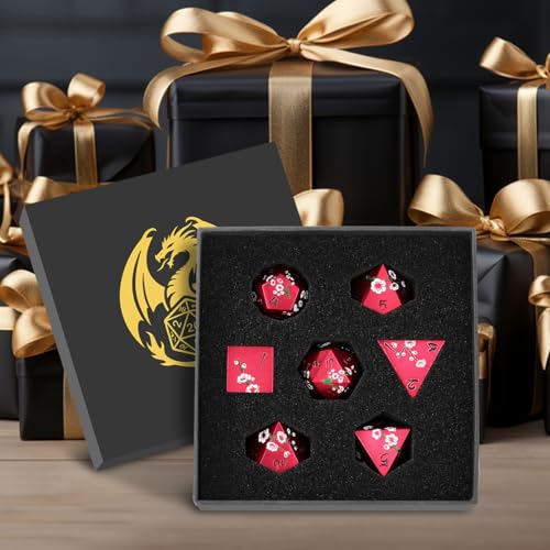 Metal Dice Set, Flat Face Red Plum Blossom Pattern, 7pcs Polyhedral Metal DND Dice Set, DND Starter Set, D&D Gifts with Gift Box, Role Playing Board Games Accessories, Red - color: Red With Gift Box