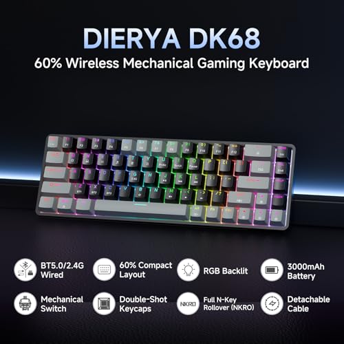 DIERYA DK68 60% Wireless Mechanical Gaming Keyboard, 3-Mode, Bluetooth 5.0/2.4G/USB-C, RGB Backlit, 68-Key Compact Mini for Windows, Mac, Linux - Linear Red Switch - Grey/Black - color: Grey Black/Red Switch