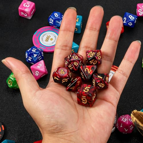 QMAY DND Dice Set -D&D Polyhedral Dice (7 Pcs) for Dungeons and Dragons (Red and Black) - color: Red and Black