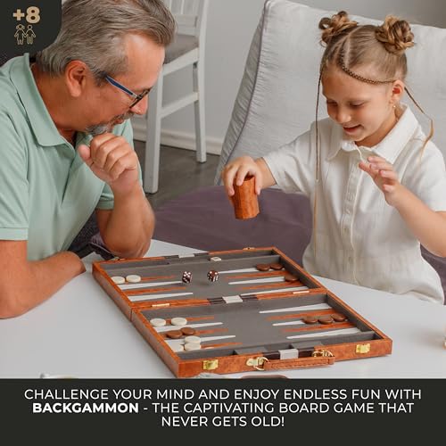 Large Backgammon Sets for Adults - Classic Board Games for 2 Players Adults and Kids - Premium Backgammon Set 15 inch Board and 32 Backgammon Pieces in Quality PU Leather Case - Gift for Man - style: Premium Brown